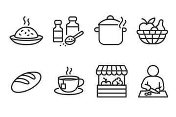 Cultural Food Icons. Outline icon set of cultural foods: traditional dish, spices, cooking pot, fruit basket, bread, tea cup, market stall, food preparation.
