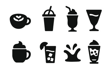 Obraz premium Beverage Icons Grid. Solid, filled icon set of smooth beverages: latte art, smoothie cup, milkshake glass, cocktail swirl, creamy coffee, iced tea, juice