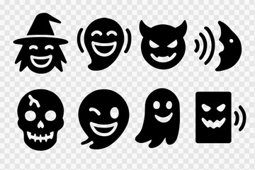 Sinister Sound Icons. Solid, filled icon set of sinister sounds: echoing cackle, screeching laugh, devilish giggle, howling voice, cracking chuckle, whispering