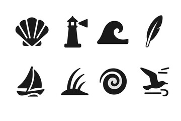 Fototapeta premium Coastal Wind Icons. Solid, filled icon set of coastal wind: sea shell, lighthouse beam, ocean wave, seabird feather, sailboat in gust, dune grass, tide swirl,