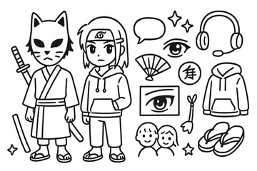 Anime Cosplay Doodle. Hand-drawn doodle illustration [Anime duo cosplay] [fox mask, headband, katana, robe, anime eye, hair clip, fan, badge, sandals, speech