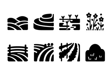 Field Landscape Icons. Solid, filled icon set of field landscapes: rolling hills, terraced fields, flooded rice fields, wildflower meadow, fenced pasture,