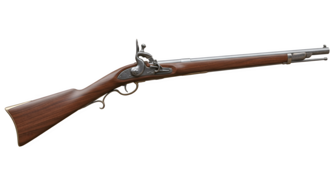 Antique Brown Wooden Flintlock Rifle Weapon.