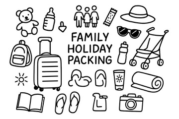 Fototapeta premium Family Holiday Essentials. Hand-drawn doodle illustration Family holiday packing [suitcase, kids toy, baby bottle, family icon, snacks, stroller, sun hat,