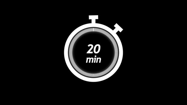 20 minute stopwatch icon isolated 20 minute timer animation countdown, Analog of simple clean timer motion graphic with text numbers, in and out, exercise pause, animated icon.
