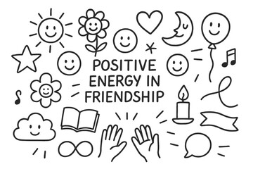 Friendship Symbols Doodle. Hand-drawn doodle illustration Positive energy in friendship [sun, star, moon, smiling faces, flower, heart, balloon, music note,