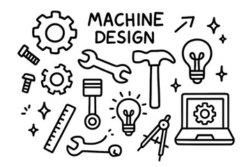 Obraz premium Machine Design Doodles. Hand-drawn doodle illustration Machine Design [gear, cogwheel, bolt, screw, wrench, hammer, piston, light bulb, blueprint, ruler,