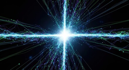 Mystic cross of energy streams, bright burst of connected digital nodes