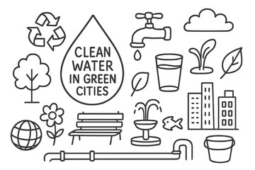 Green City Water Icons. Hand-drawn doodle illustration Clean water in green cities water droplet, glass, faucet, recycling symbol, tree, leaf, cloud, fountain,