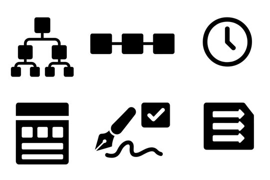 Blockchain Icon Set. Solid, filled icon set of blockchain data structure: merkle tree, linked blocks, hash chain, timestamp, nonce, block header, digital