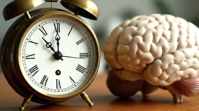 Close Up of Antique Golden Clock Ticking Near Brain Model on Wooden Surface Displaying Cognitive Function Temporal Perception and Reminder of Time's Impact on Neurological Processes