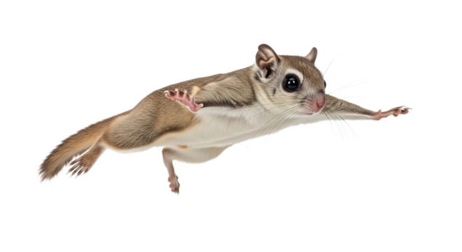 Flying squirrel gliding against a white background with shadow underneath.