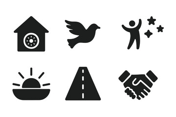 Obraz premium Escape Icon Set. Solid, filled icon set of escape aftermath: safe house, freedom, peace, celebration, new horizon, sunrise, open road, handshake. [Solid,