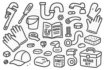 Obraz premium DIY Sink Repair Kit. Hand-drawn doodle illustration DIY sink trap repair wrench, screwdriver, P-trap pipe, faucet, gloves, bucket, repair manual, nut, bolt,