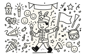 Obraz premium Night Parade Icons. Hand-drawn doodle illustration Night parade leader [lantern, spotlight, glow stick, baton, flag, drum, trumpet, star, confetti, banner,