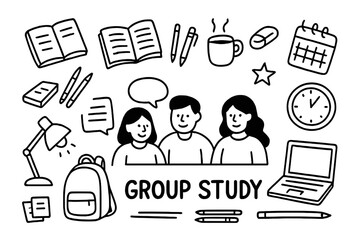 Study Session Doodles. Hand-drawn doodle illustration group study sessions books, open notebook, pencils, pens, eraser, lamp, coffee cup, laptop, clock,
