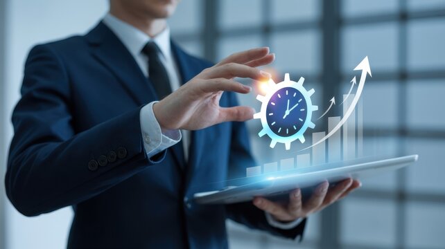 Businessman holding a tablet with a clock and upward trending graph, representing time management and business growth in a digital world