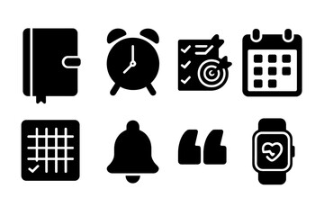 Planning Icon Set. Solid, filled icon set of personal planning: diary, alarm clock, goal list, calendar, habit tracker, reminder bell, motivational quote,