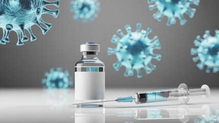 Vaccine vial and syringe with floating virus cells, representing the medical solution to the pandemic and the hope for immunization and protection