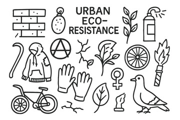 Urban Eco-Resistance Icons. Hand-drawn doodle illustration [Urban eco-resistance] [brick wall, seed bomb, circle-A, crack, vine, spray can, crowbar, gloves,