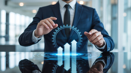 Businessman managing growth with gear and arrows, symbolizing progress and innovation in a modern corporate environment