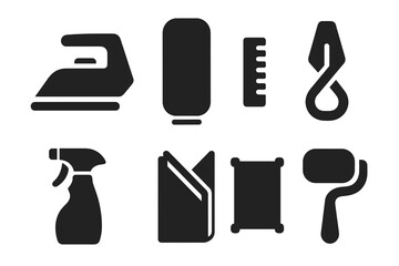 Napkin Folding Tools Icons. Solid, filled icon set of napkin folding tools: flat iron, folding board, measuring ruler, tucking clip, spray bottle, fold guide,