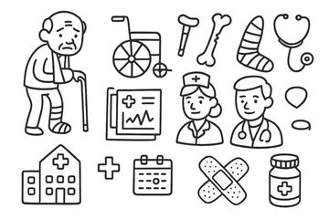 Elderly Care Doodle Icons. Hand-drawn doodle illustration elderly fracture walking stick, wheelchair, crutch, bone, plaster, chart, nurse, doctor, stethoscope,