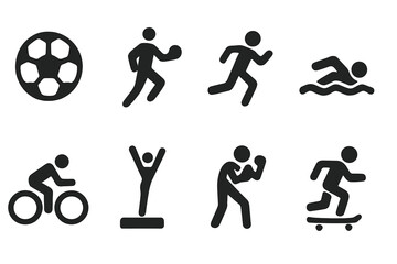 Dynamic Sports Icons. Solid, filled icon set of dynamic sports: soccer ball, basketball player, runner, swimmer, cyclist, gymnast, boxer, skateboarder. Solid,
