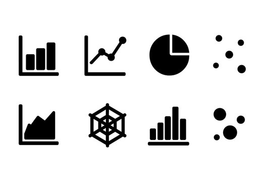 Graph Icon Set. Solid, filled icon set of graph types: bar chart, line graph, pie chart, scatter plot, area graph, radar chart, histogram, bubble chart.