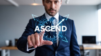 Businessman in suit touches ascend text on virtual screen, symbolizing career growth and success in business, technology and innovation concept