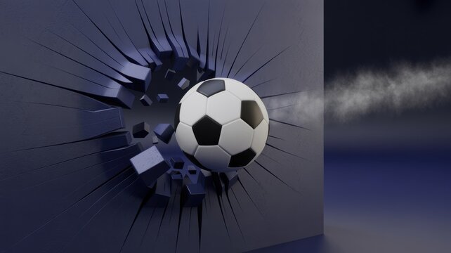 A soccer ball breaks through a dark wall with force, creating a dramatic visual effect, symbolizing power, impact, and the thrill of the game