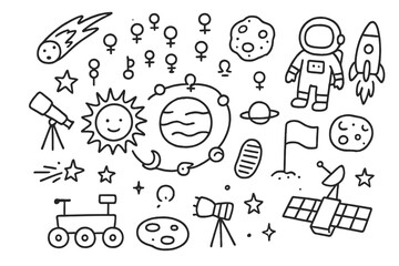 Solar System Doodle. Hand-drawn doodle illustration Solar system symbols sun, planets, orbit line, comet, asteroid, rocket, astronaut, rover, telescope,