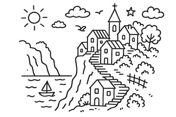 Fototapeta premium Cliffside Village Doodle. Hand-drawn doodle illustration Cliffside village [cliff houses, stairs, window, roof, tree, bush, cloud, sun, bird, church tower,