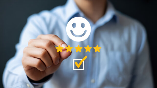 A person is holding a digital display of a smiley face, four stars, and a check mark, representing customer satisfaction and approval