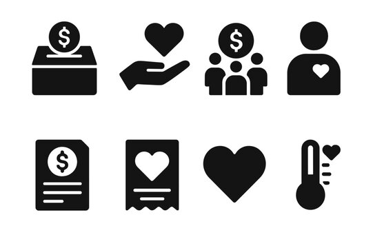 Charity Icons Set. Solid, filled icon set of charitable funds: donation box, charity hand, fundraising event, volunteer icon, grant application, donation