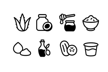 Dry Skin Remedies Icons. Solid, filled icon set of dry skin natural remedies: aloe vera, coconut oil, honey, oatmeal, shea butter, olive oil, cucumber, yogurt.