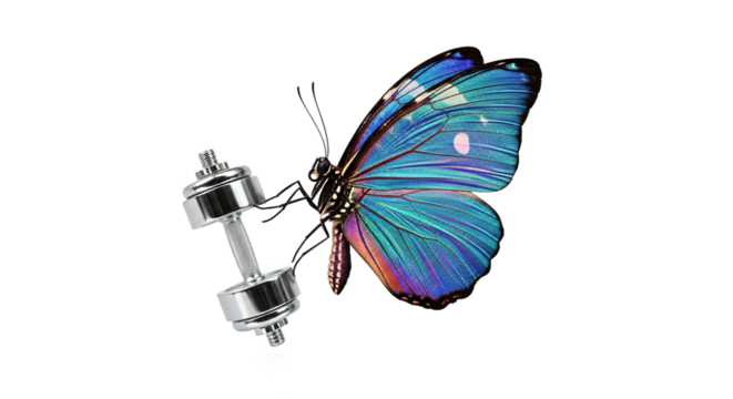 Butterfly lifting a dumbbell on white background representing strength and transformation.