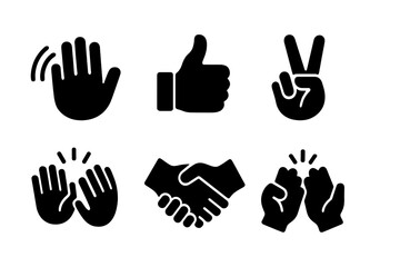 Obraz premium Gesture Icon Set. Solid, filled icon set of accent gestures: hand wave, thumbs up, peace sign, pointing finger, applause, handshake, fist bump, high five.