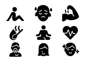 Sauna Health Benefits Icons. Solid, filled icon set of sauna health benefits: relaxation pose, sweating face, muscle relief, detox water, meditation pose,