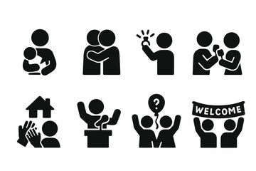 Milestone Celebration Icons. Solid, filled icon set of milestone party celebrants: baby shower guest, retirement hug, engagement cheer, anniversary toast,