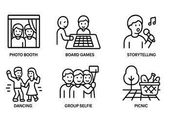 Reunion Activity Icons. Outline icon set of reunion activities: photo booth, board games, storytelling, karaoke, dancing, group selfie, toast, picnic. Line
