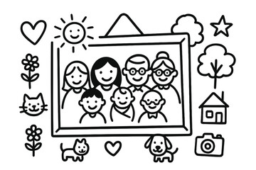 Happy Family Doodle. Hand-drawn doodle illustration Family portrait picture frame, parents, kids, grandparents, baby, heart, smiling faces, pet dog, cat,