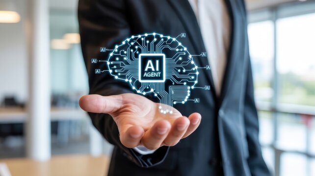 Close up of a businessman holding a digital brain with ai agent inscription, showcasing the integration of artificial intelligence