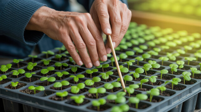 Close up of senior man hand planting seedling to tray in greenhouse, agriculture and farming concept, growing organic vegetable
