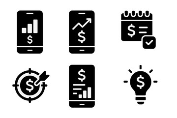 Obraz premium Black Online Banking Icons. Solid, filled icon set of online banking analytics: spending chart, income chart, budget planner, expense tracker, financial goal,