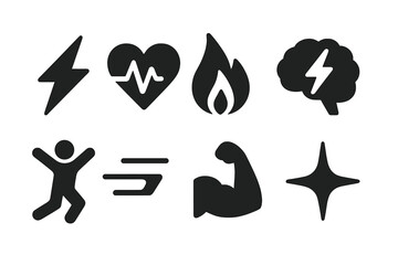 Energy Icon Set. Solid, filled icon set of energy boost effects: lightning strike, heart pulse, flame burst, brain spark, jumping figure, speed lines, flexed