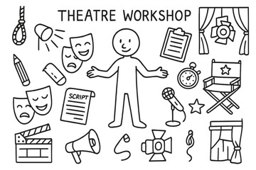 Theatre Doodle Icons. Hand-drawn doodle illustration Theatre workshop actor figure, masks comedy and tragedy, spotlight, curtain, pencil, script, clipboard,