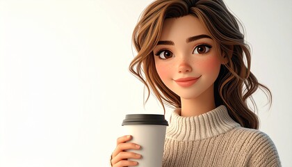 A beautifully rendered digital illustration of a young woman with a warm smile, holding a coffee cup while wearing a cozy sweater on a white background
