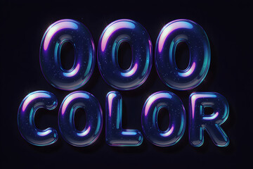 Colorful Chrome Font Iridescent Glossy Balloon Text Effect,Dynamic typographic design, bold, glossy bubble letters spelling "000" and "COLOR," shimmering with an iridescent spectrum of electric purple