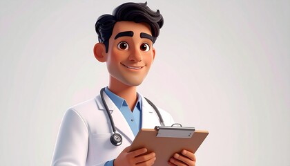 A friendly 3D animated male doctor in a white coat with a stethoscope and clipboard, smiling warmly on a white background. Healthcare professional concept